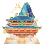 古风楼阁与远山飞鸟