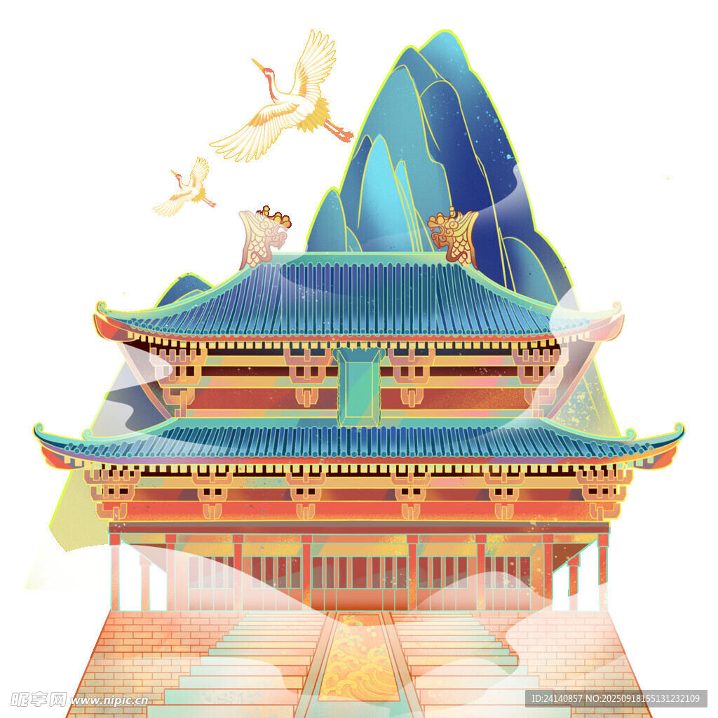 古风楼阁与远山飞鸟