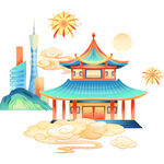 中式建筑与城市景观插画