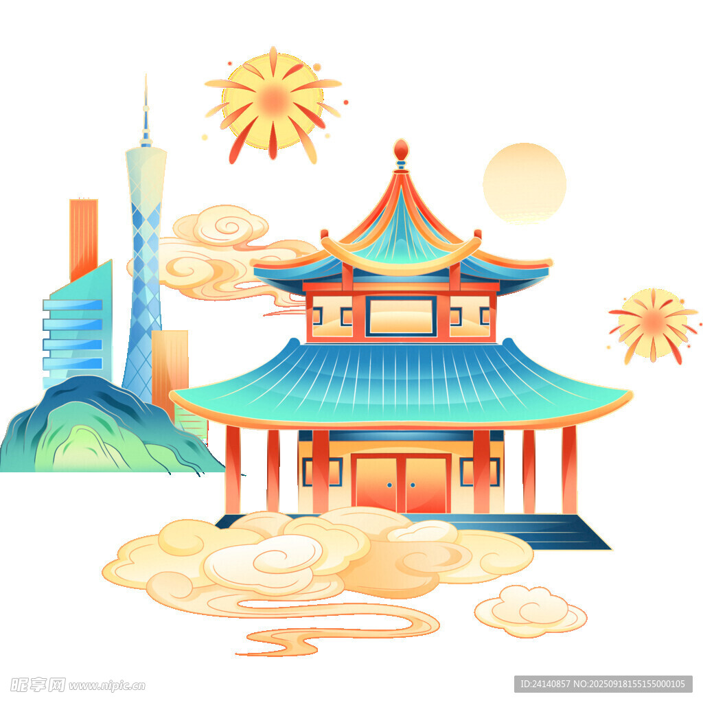 中式建筑与城市景观插画