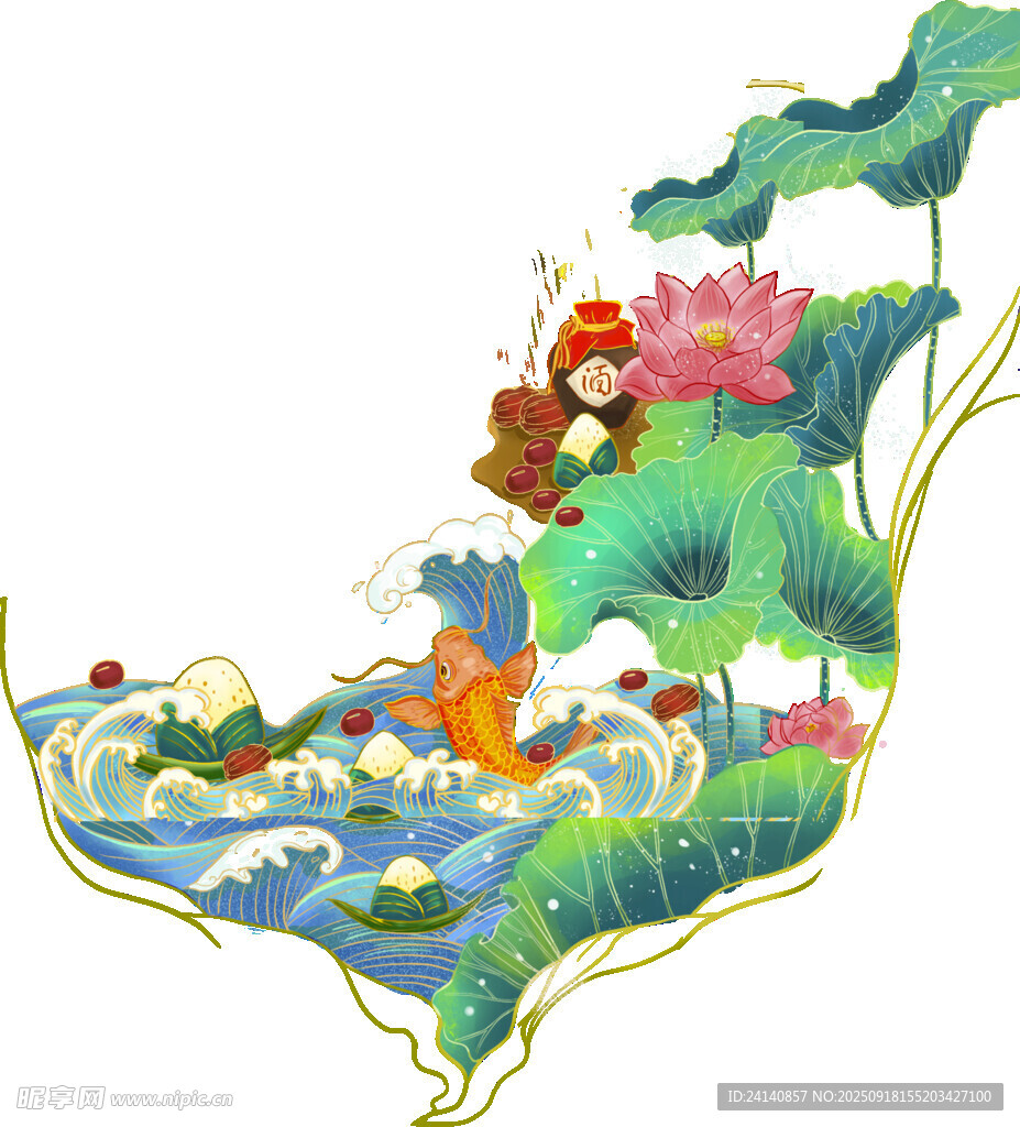 国潮风中式山水荷花插画