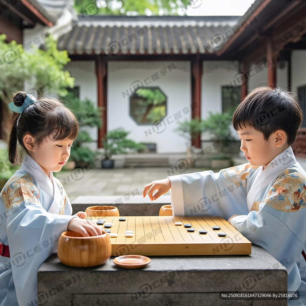 两个穿着汉服的小孩在下围棋。