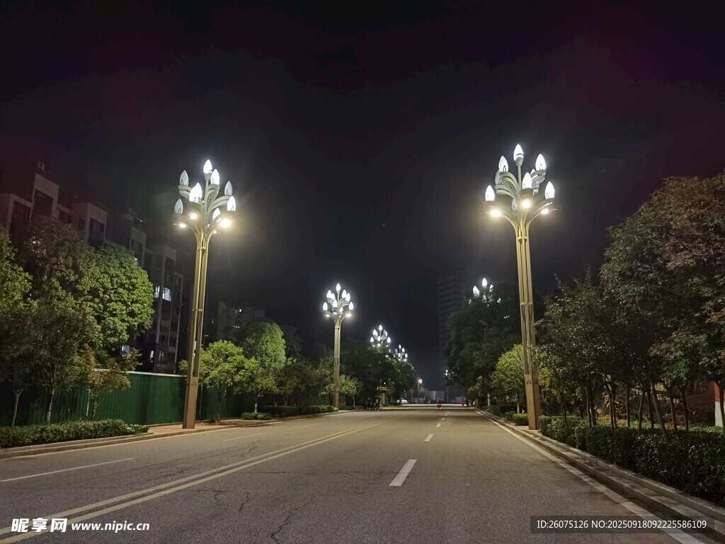 夜晚街道的璀璨路灯