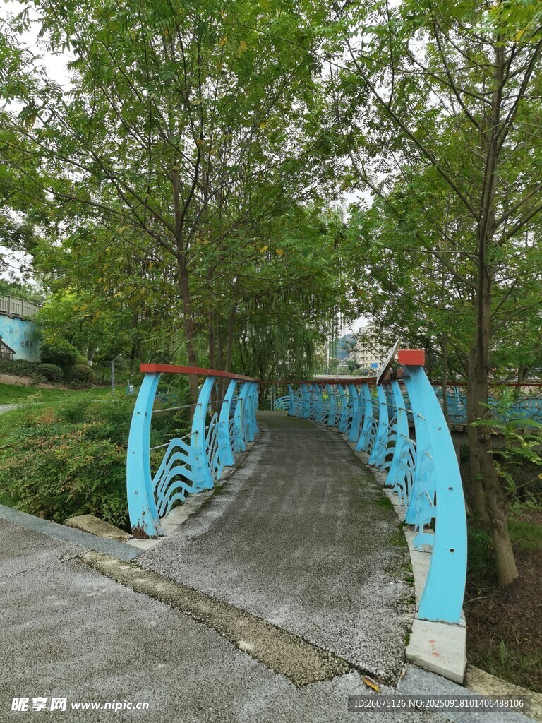 蓝色拱形桥与周边绿植