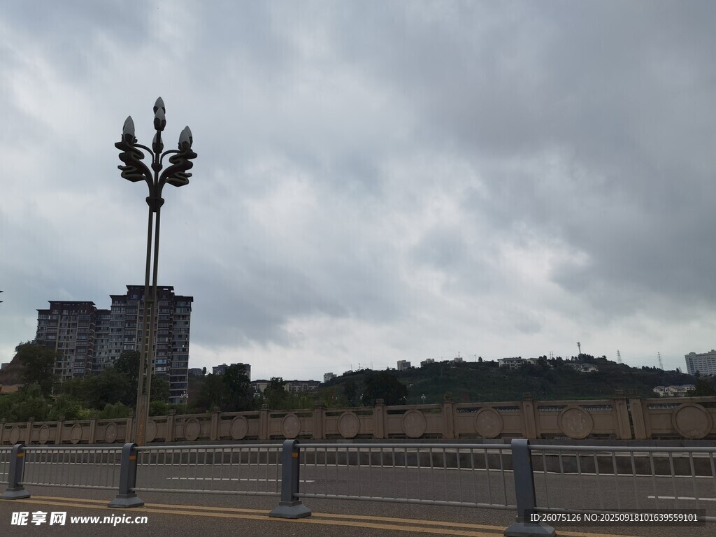 城市道路旁的路灯与远景