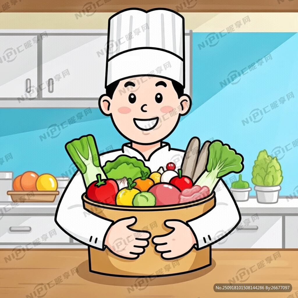 卡通厨师抱着新鲜的食材