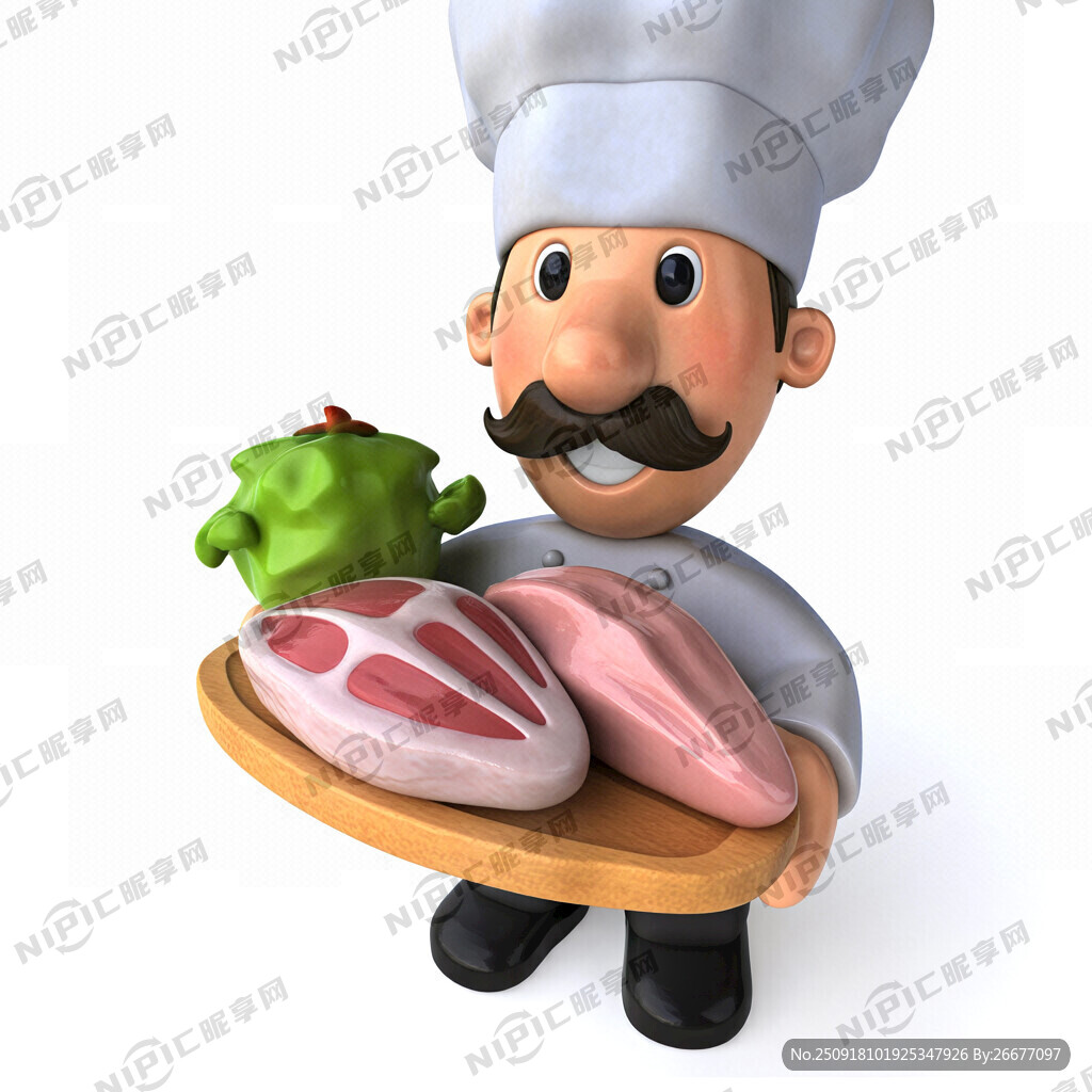 卡通外国厨师抱着新鲜的蔬菜和肉