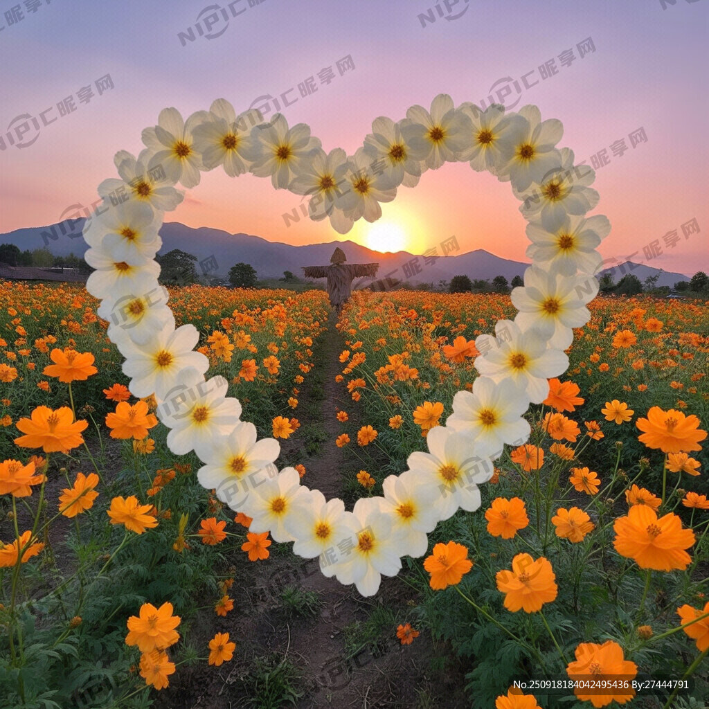硫华菊花田中的小径  粉黄天空