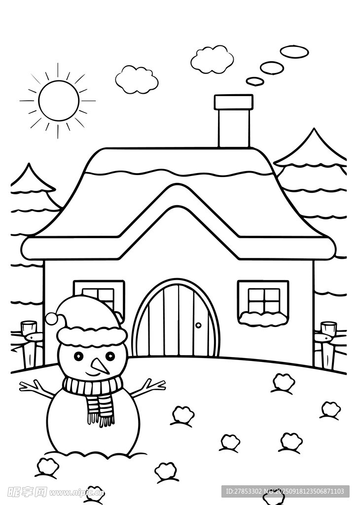 冬日小屋旁的可爱雪人手抄报