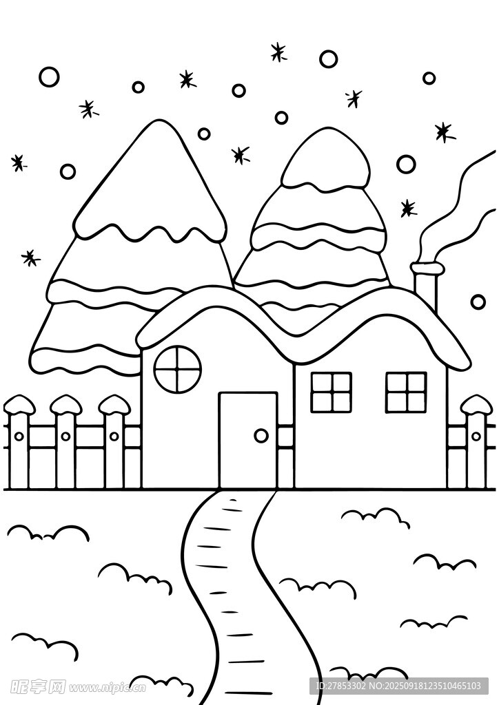 冬日雪景小屋简笔画手抄报