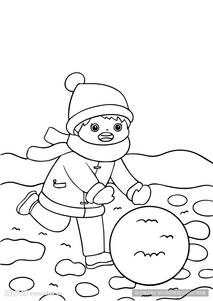 儿童冬日户外滚雪球场景手抄报