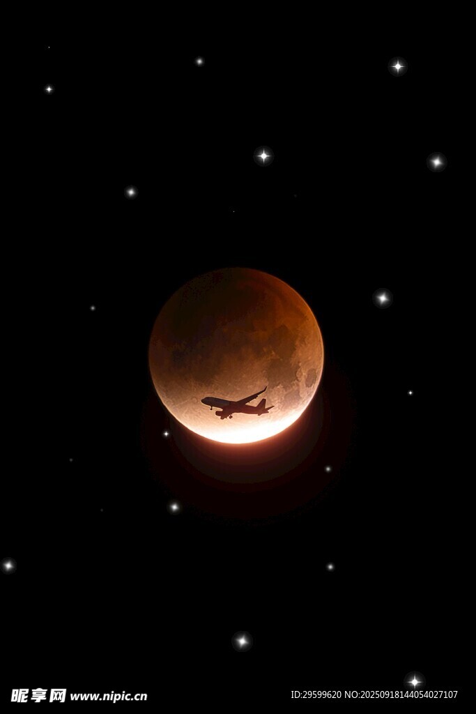 夜空中的红月与繁星