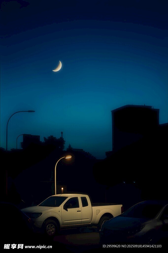 月夜下的白色车辆