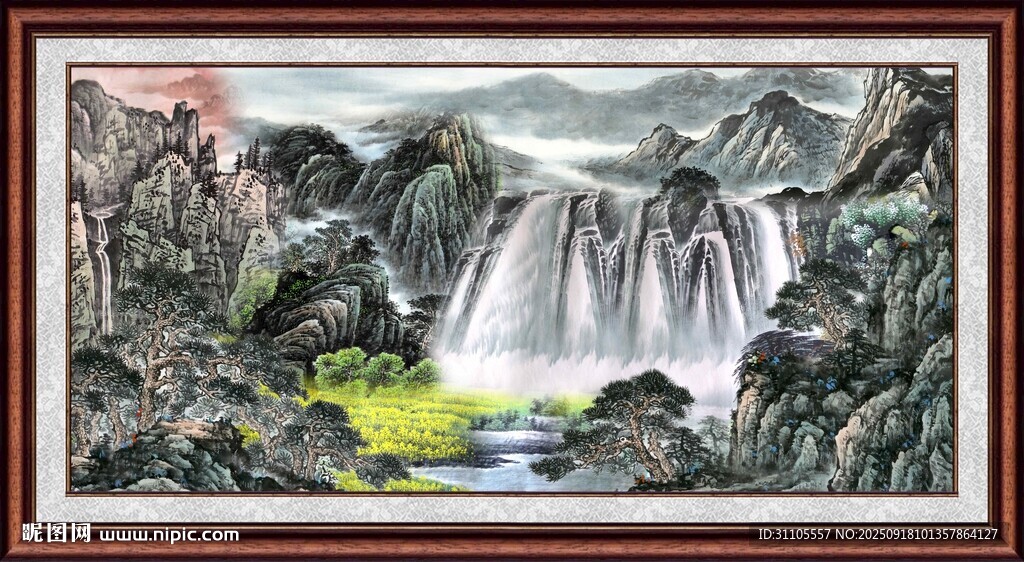 山水瀑布国画风景图