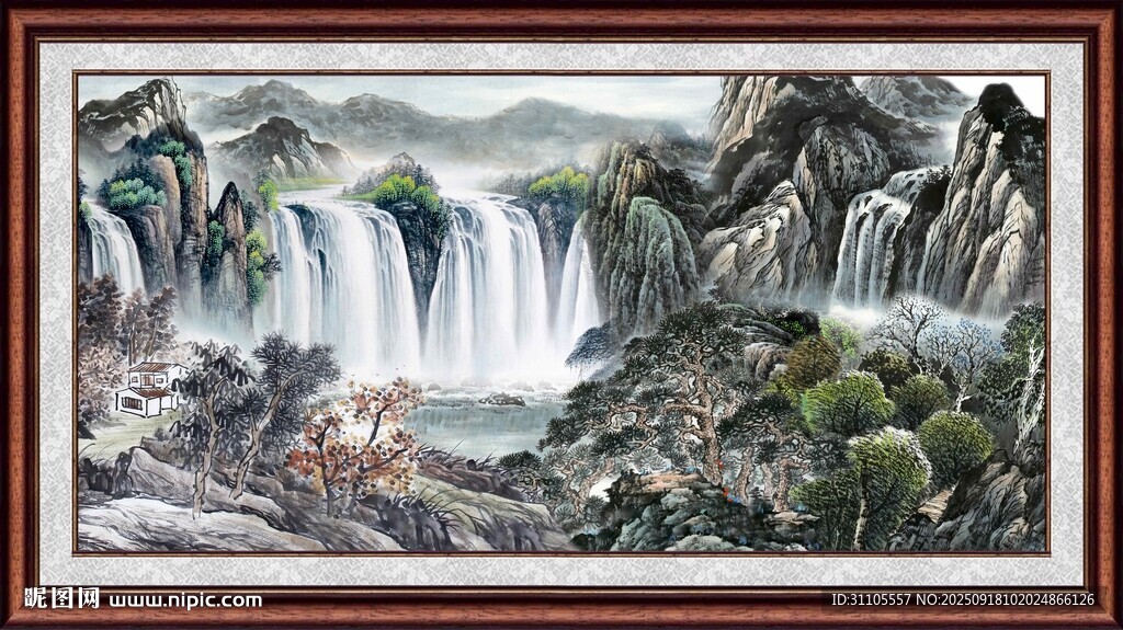 山水瀑布国画风景图