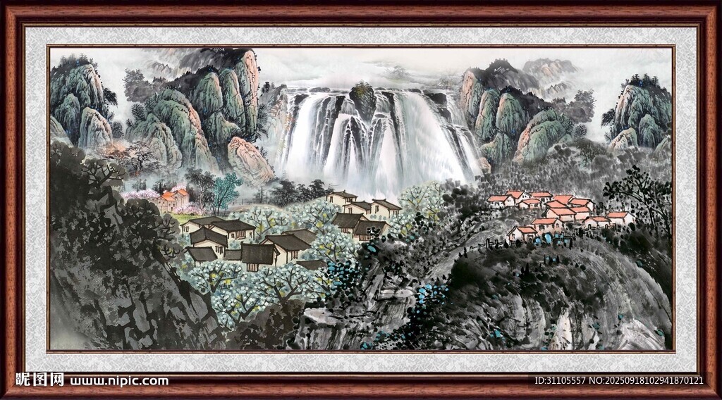山水瀑布国画风景图