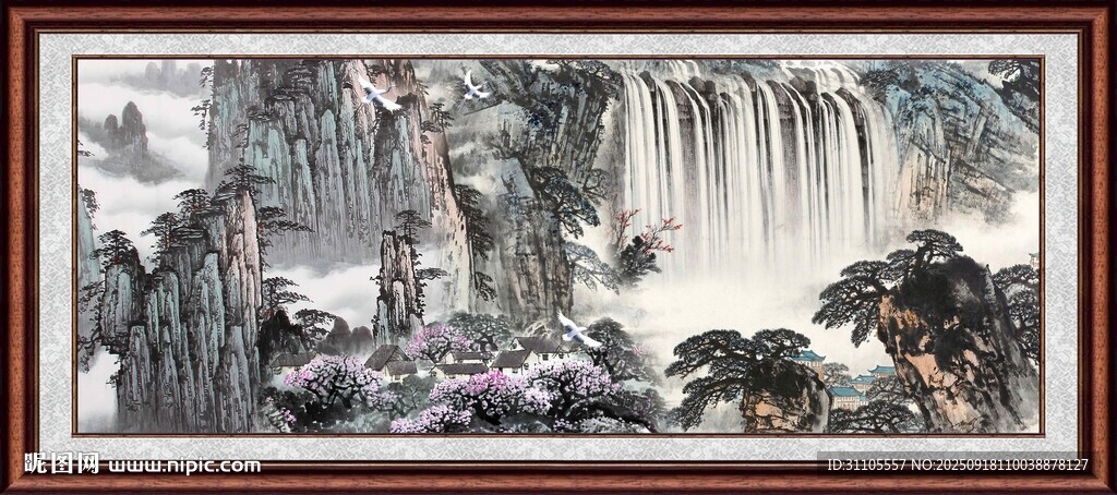 山水瀑布国画景观图