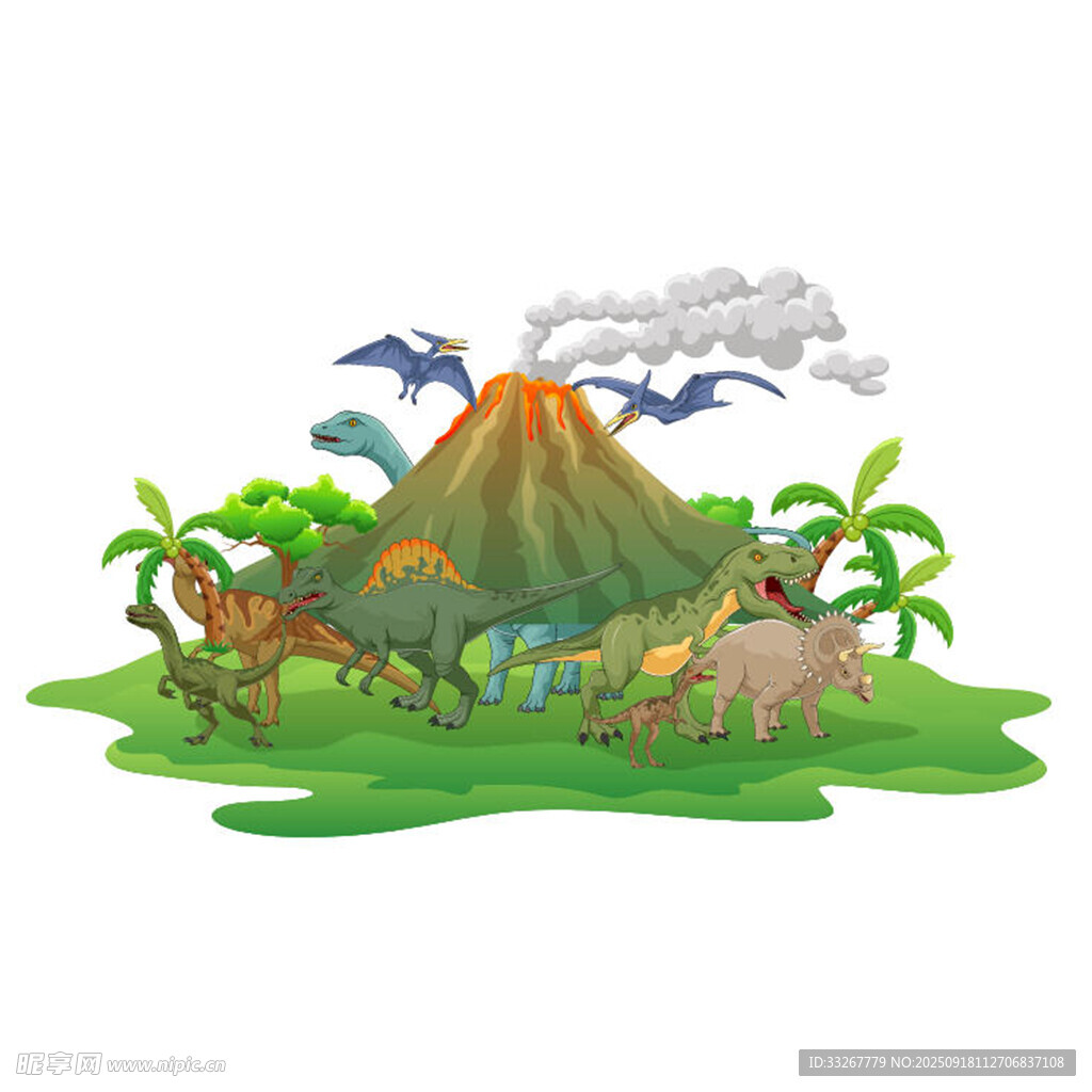 史前恐龙与火山景观