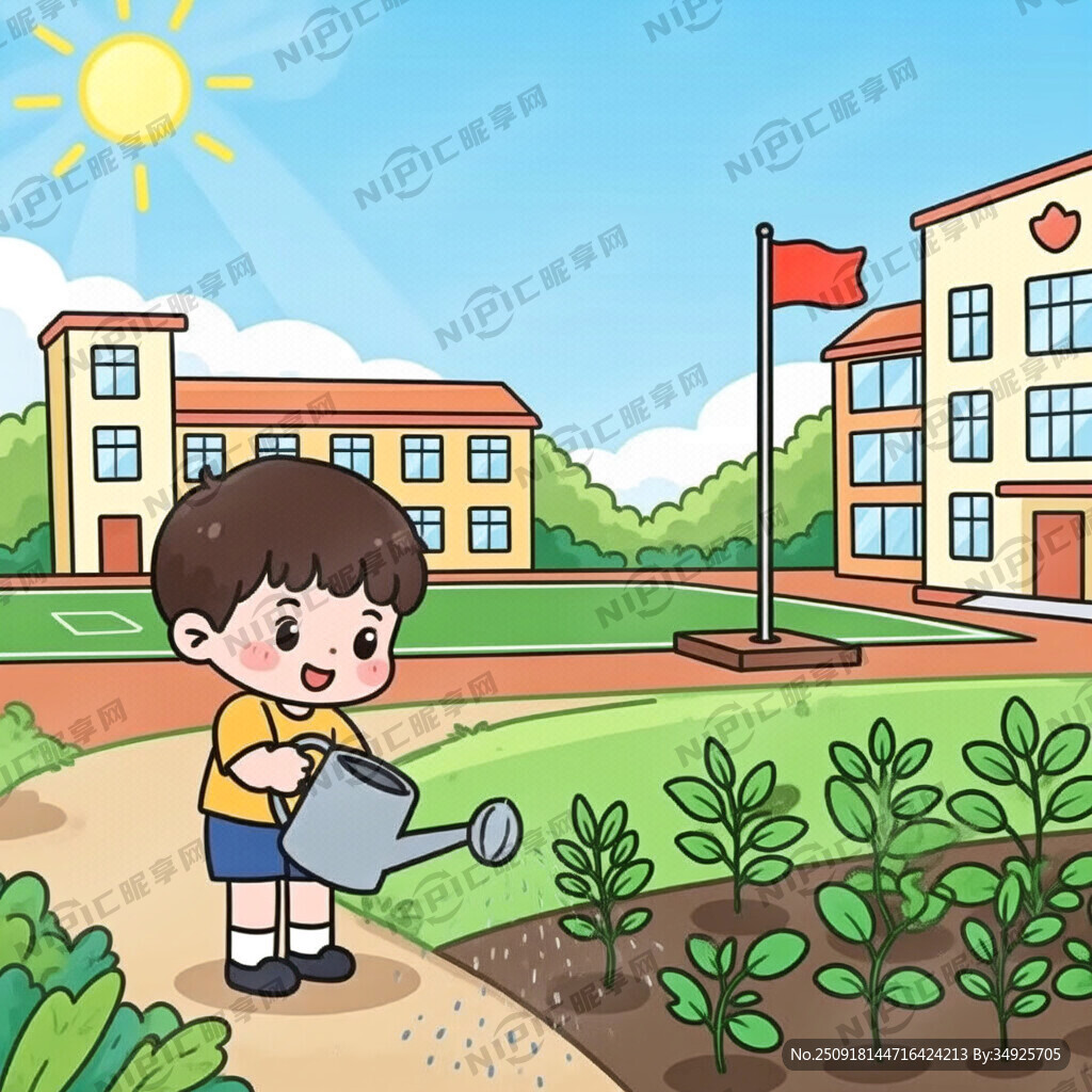 小学校园卡通人物校园花草浇水