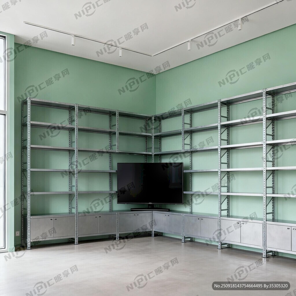 墙浅绿 电视机在货柜中间