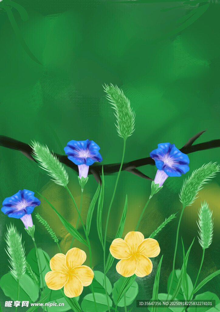 绿叶间的蓝黄花朵