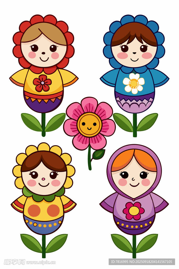 彩色俄罗斯套娃花卉插画