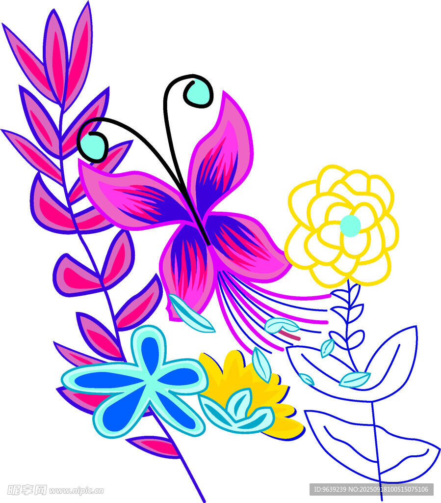 多彩蝴蝶与花卉插画
