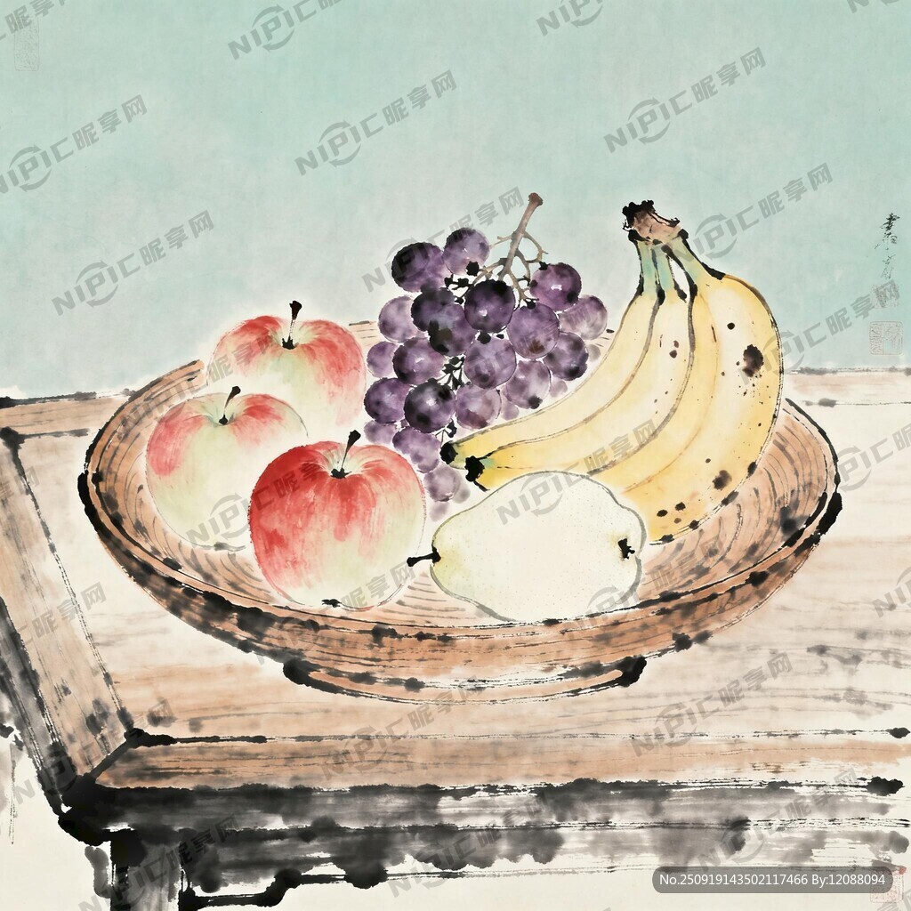 餐桌上有苹果 葡萄 香蕉和梨子