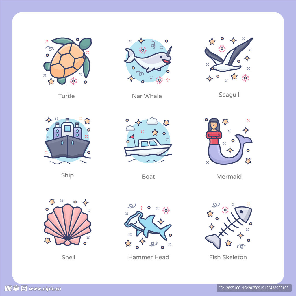 海洋元素卡通图标集合