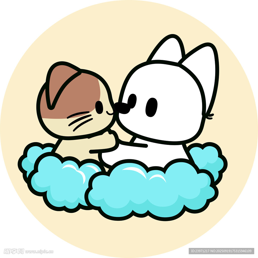 云朵上亲昵的两只卡通小猫小狗