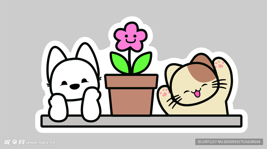 可爱萌宠与花朵贴纸