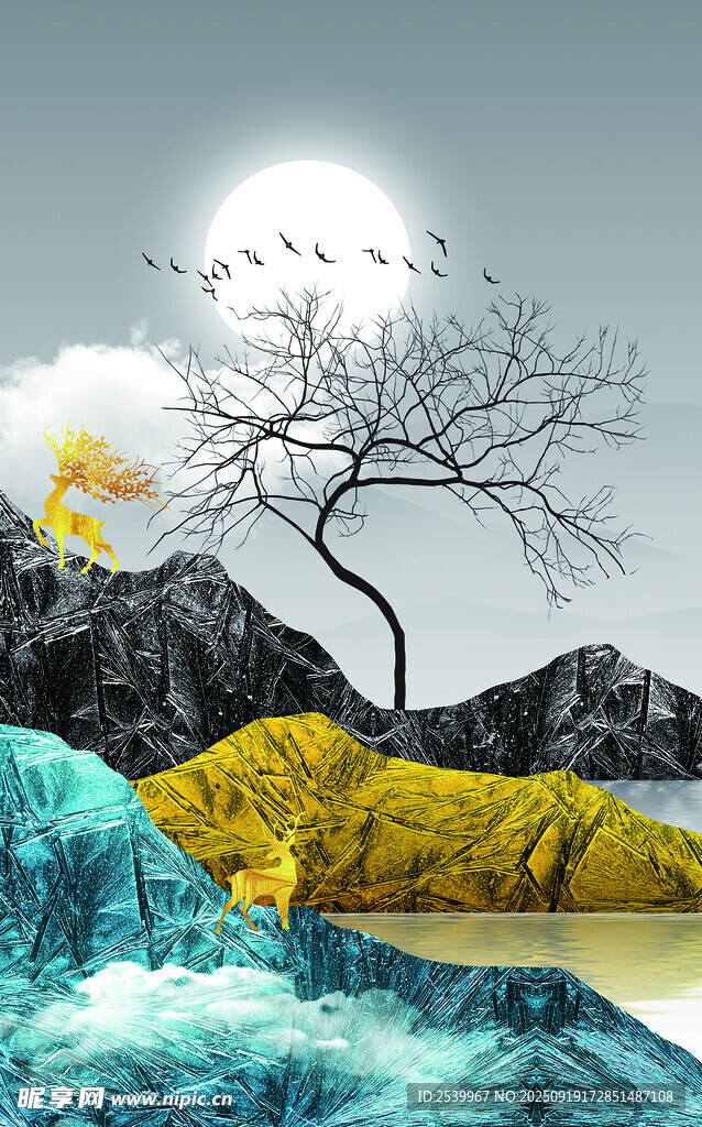 壁画 挂画 风景 小鹿 山林 