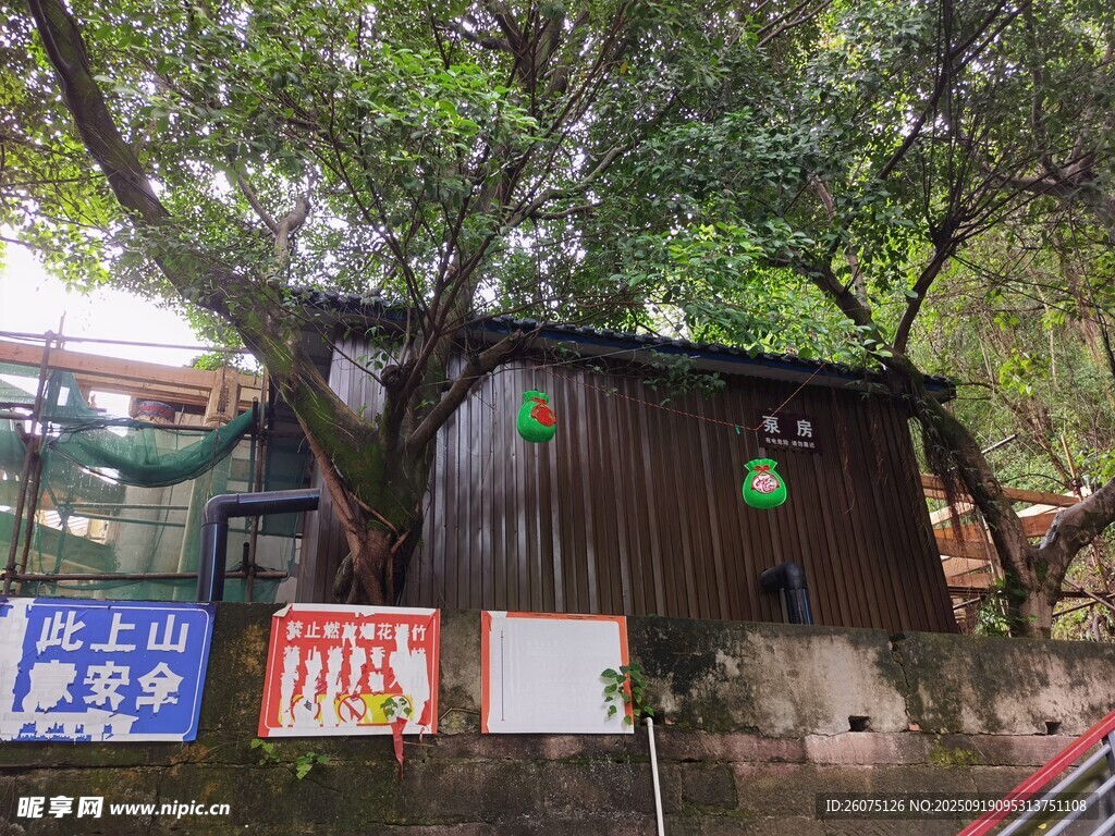 老旧小屋旁的交通指示牌