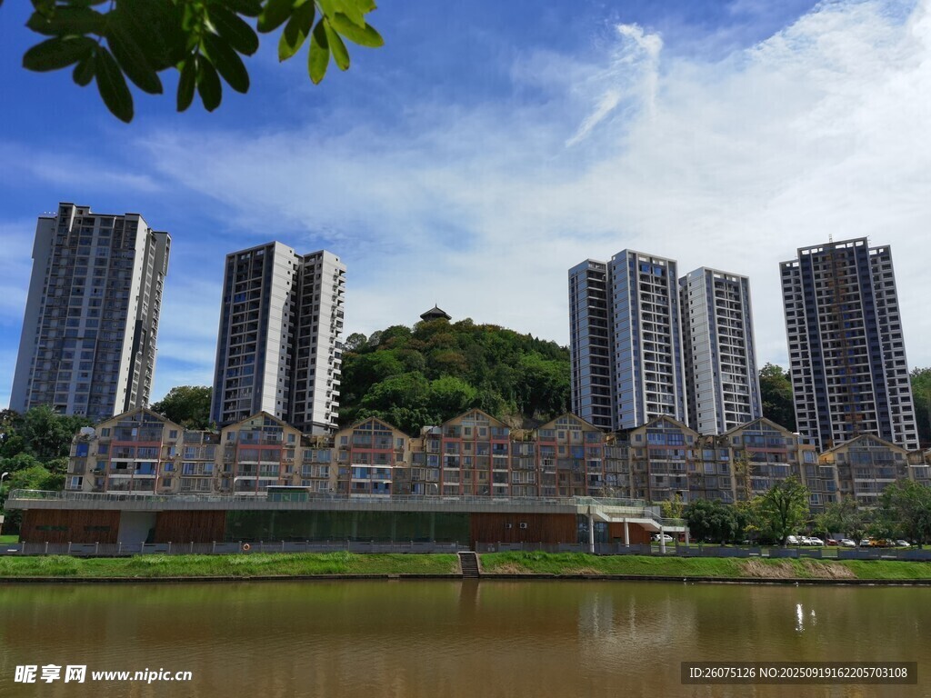 湖畔高楼林立的城市景致