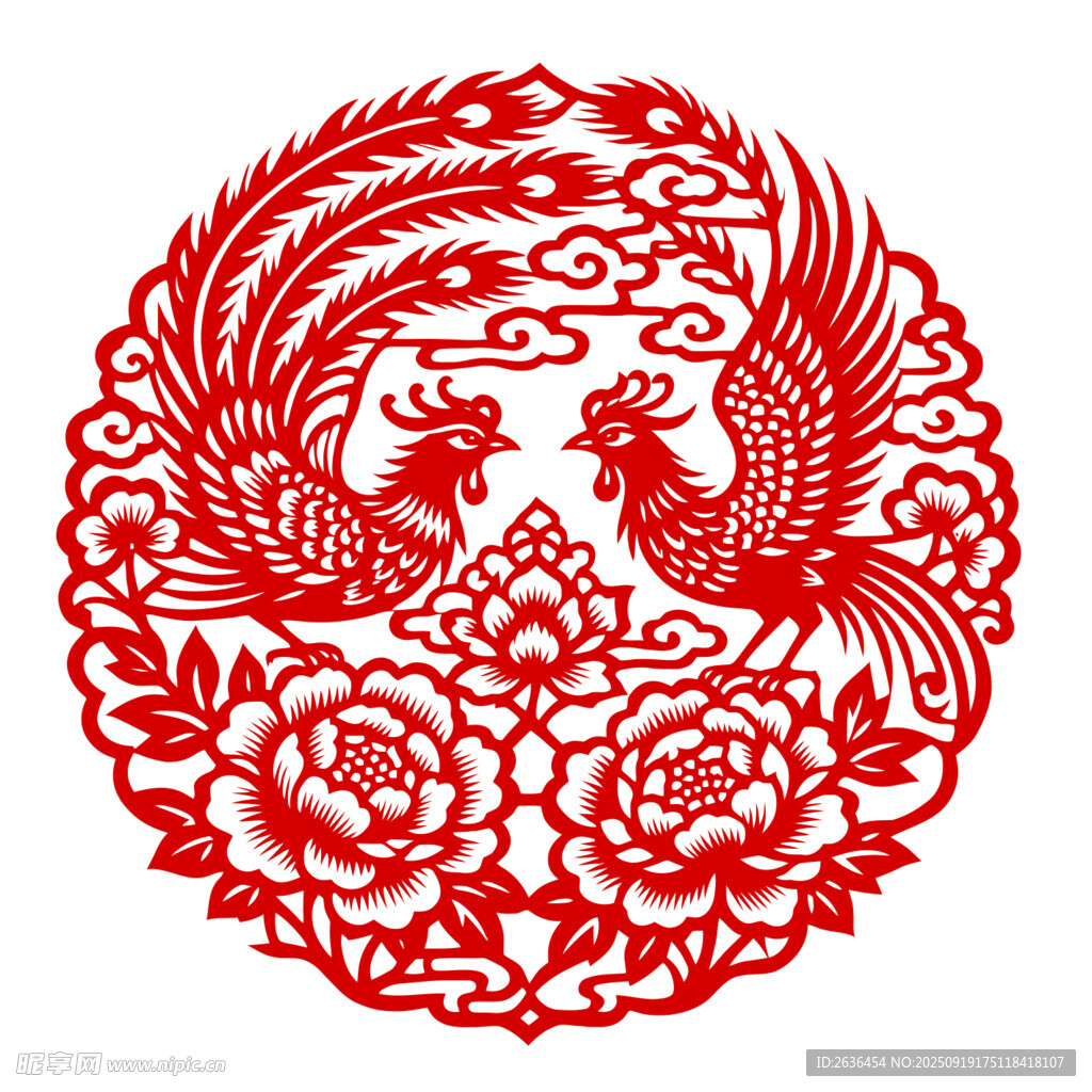 双凤牡丹剪纸艺术作品