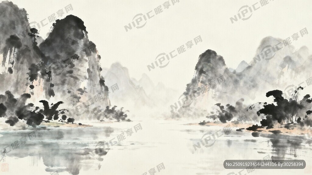 广西漓江山水 水墨淡彩 朦胧感