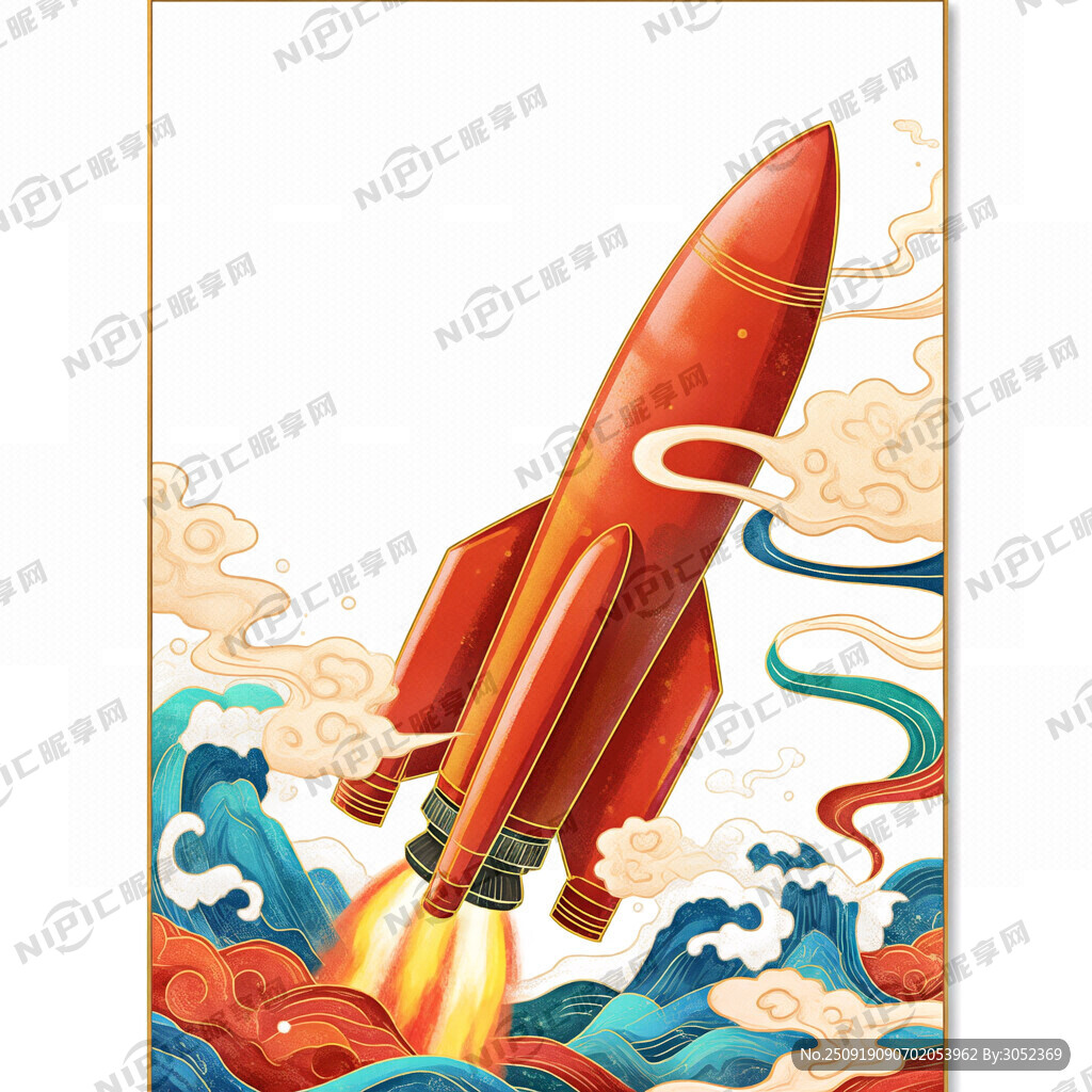 国潮风格海上 火箭  