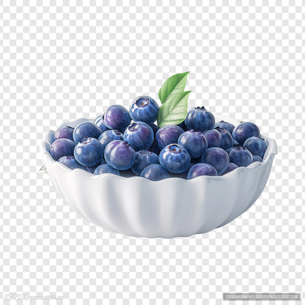 碗中新鲜蓝莓带绿叶