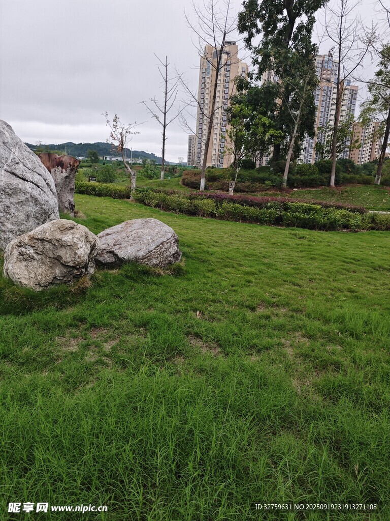 户外草地与巨石景观