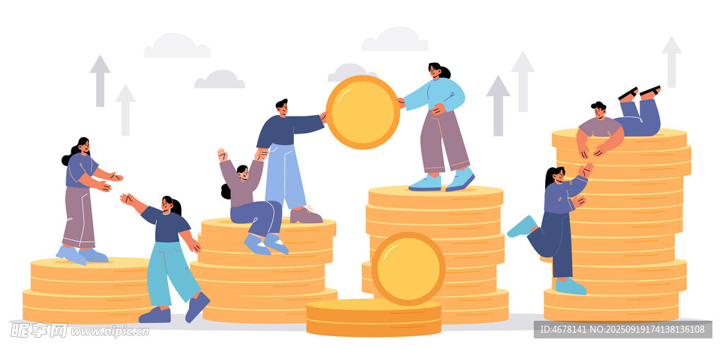 众人协作攀登财富金币堆