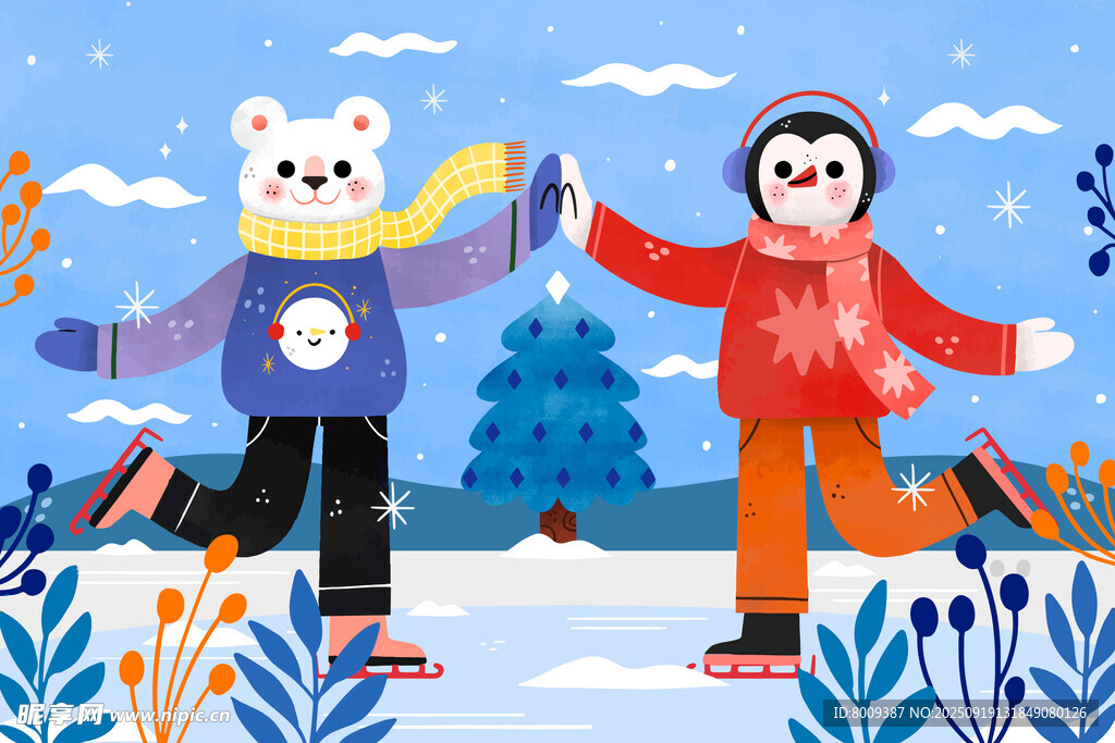 雪地中熊与企鹅欢快滑冰