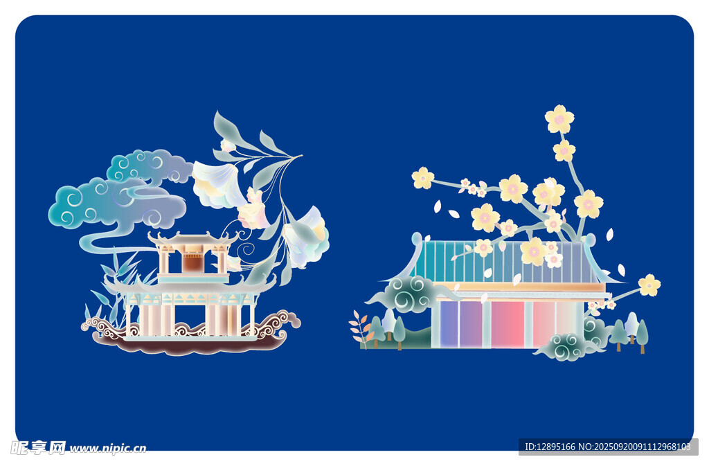 中式古风建筑与花鸟图景