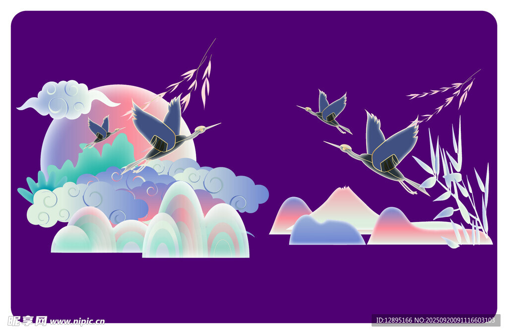 梦幻山水动物插画场景