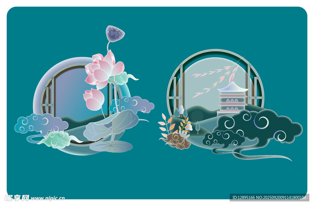 梦幻中式拱门花卉插画