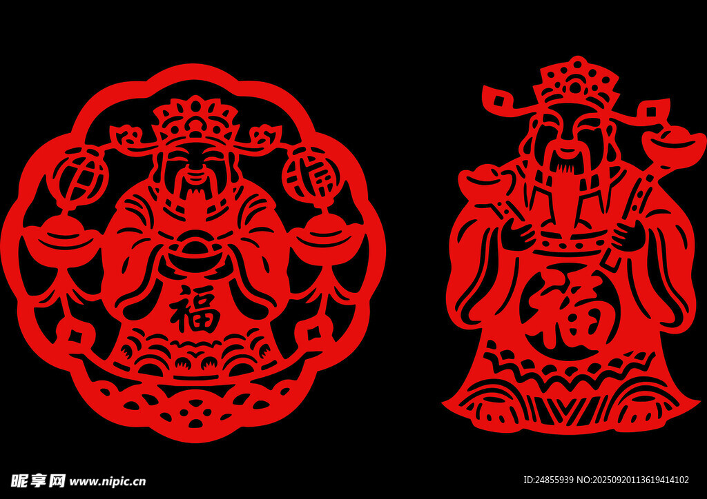 传统红色剪纸财神形象