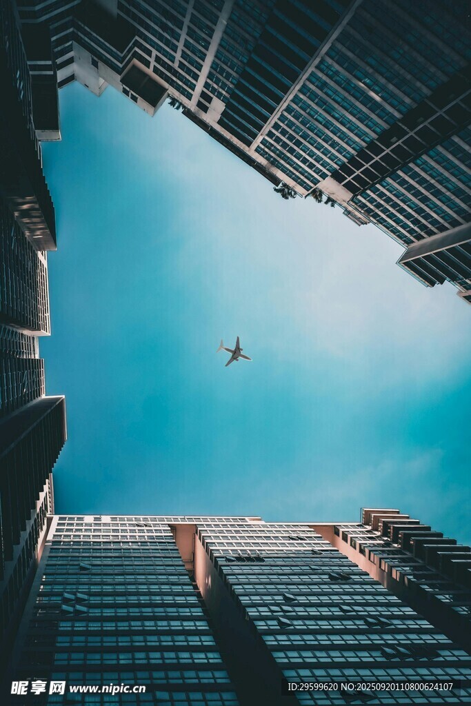 高楼间翱翔的飞机