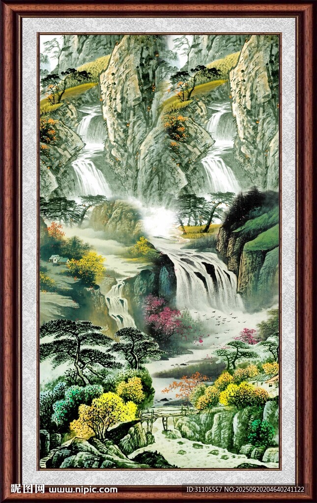 山水瀑布国画风景图