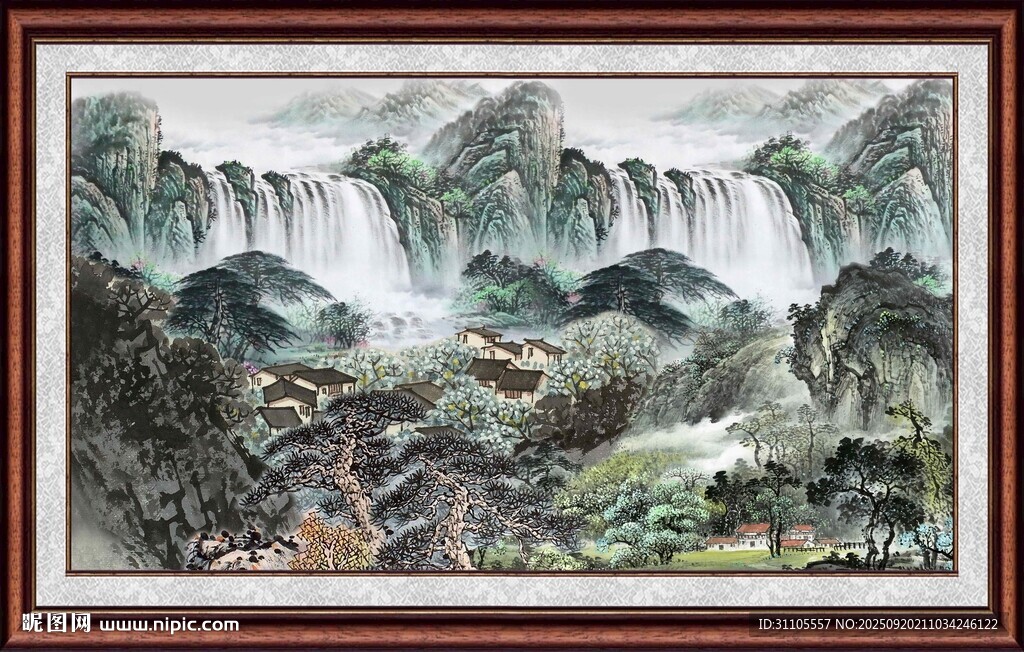 山水瀑布国画风景图