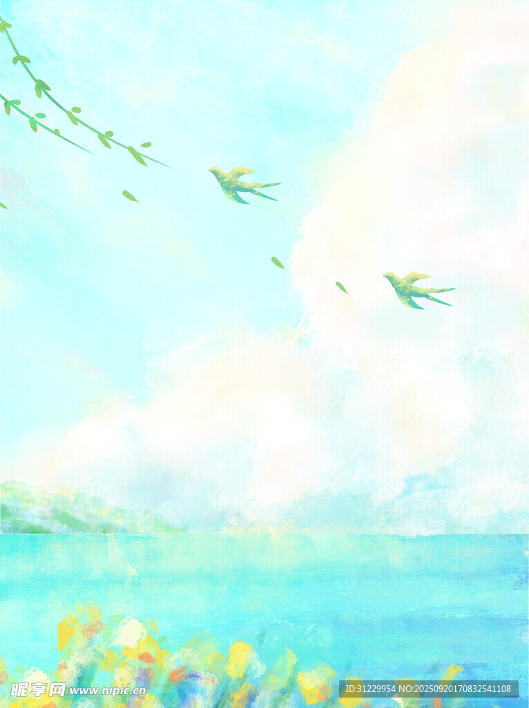 蓝天碧水间飞鸟伴繁花