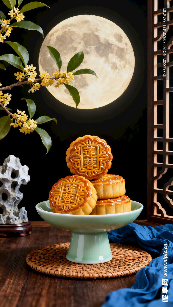 中秋月饼与月夜雅致景象